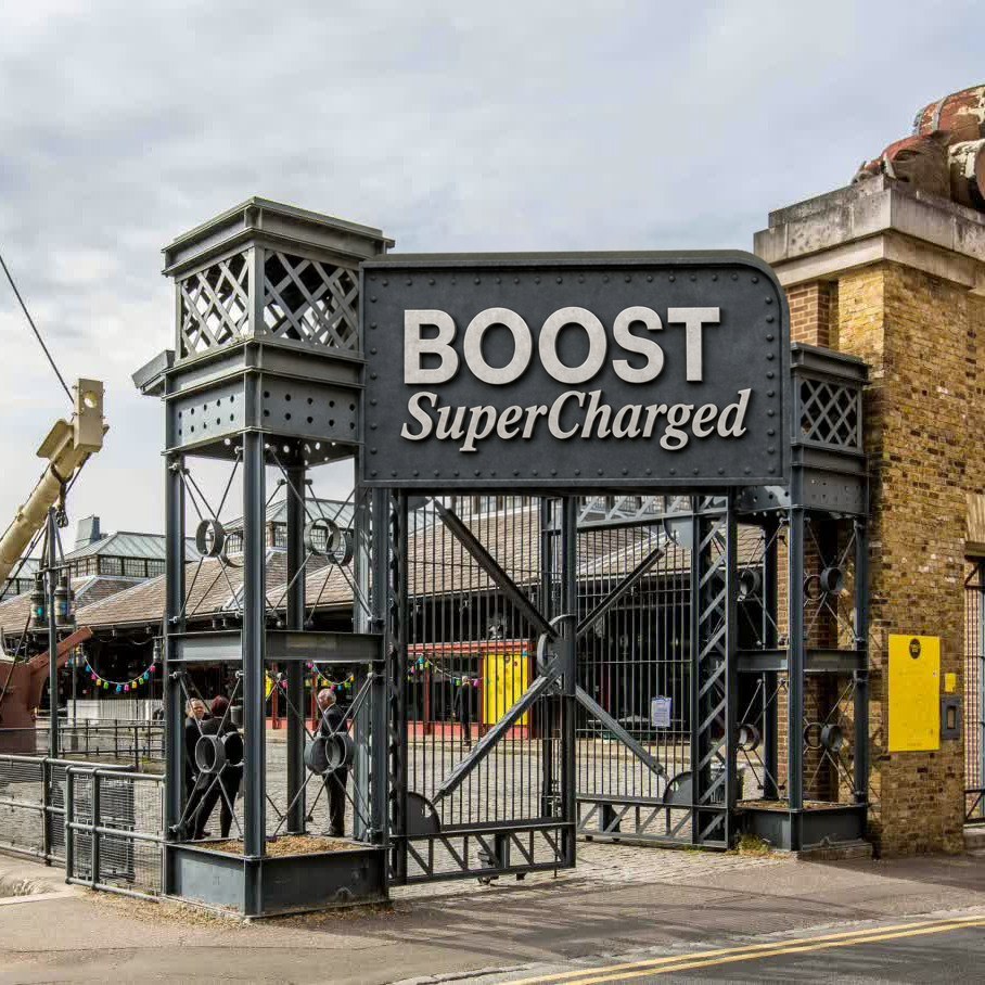 Entrance gate with BOOST SuperCharged lettering